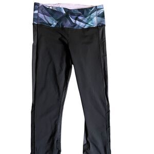 Stylish Lululemon Black Leggings with Geometric Blue Waistband